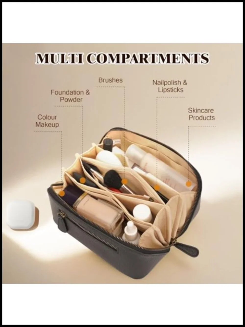 PU Leather Waterproof Travel Makeup Bag with Dividers and Handle